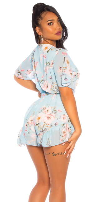 Sexy jumpsuit met bloemen-print turkoois-kleurig